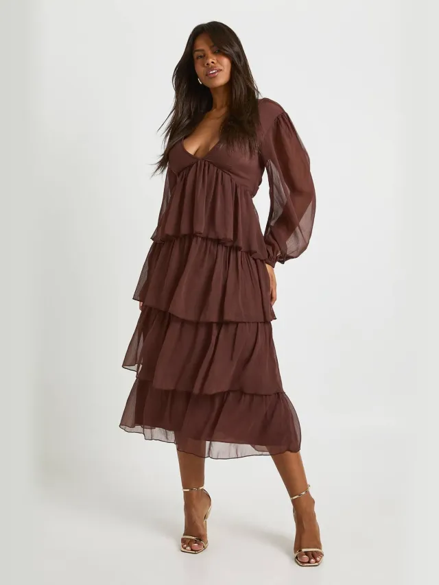 boohoo Dames Chiffon ruche midaxi jurk Chocoladebruin