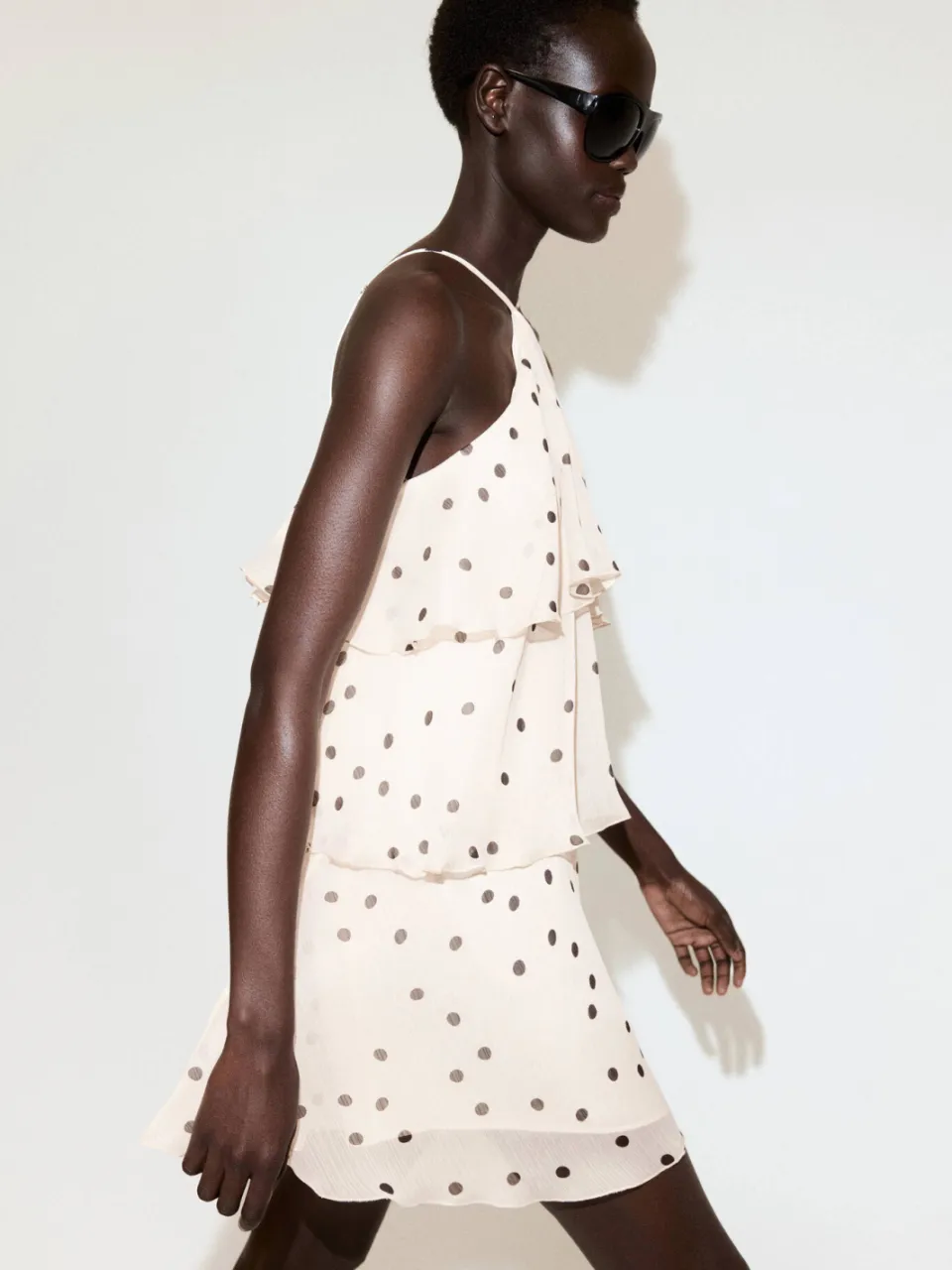 Mango halter mini jurk met stippen en ruches - ecru, foto 3