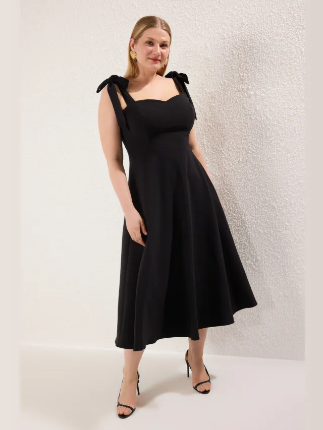 Turkishsouq Gebogen, rechte, mouwloze midi-jurk voor dames, stijlvol/casual, plus size. Zwart