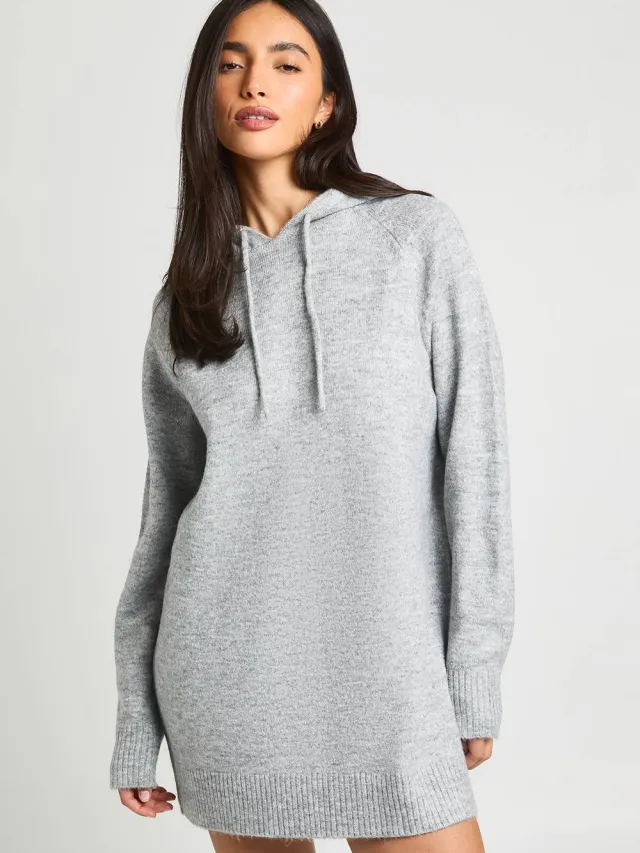 boohoo Dames Oversized Gebreide Hoodie Mini Jurk Grijs