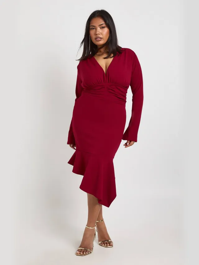 boohoo Dames Plus Asymmetrische Diepe V-hals Midi Jurk Wijn