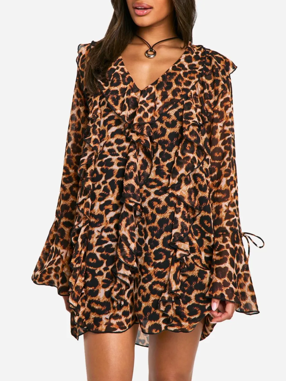 boohoo Dames Leopard Ruffle Shift Jurk bruin, foto 4