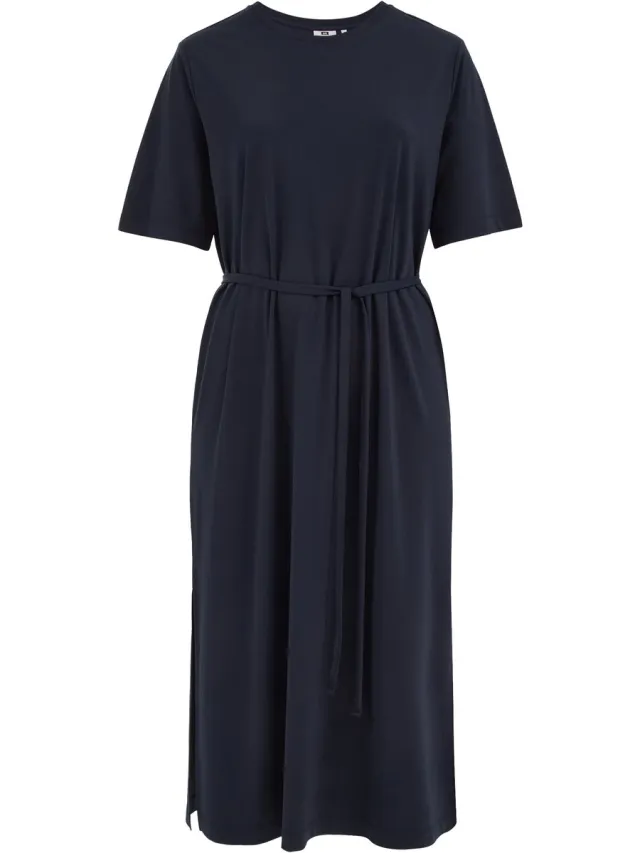 WE Fashion Dames jersey midi T-shirt jurk met strikceintuur - Curve Dark blue
