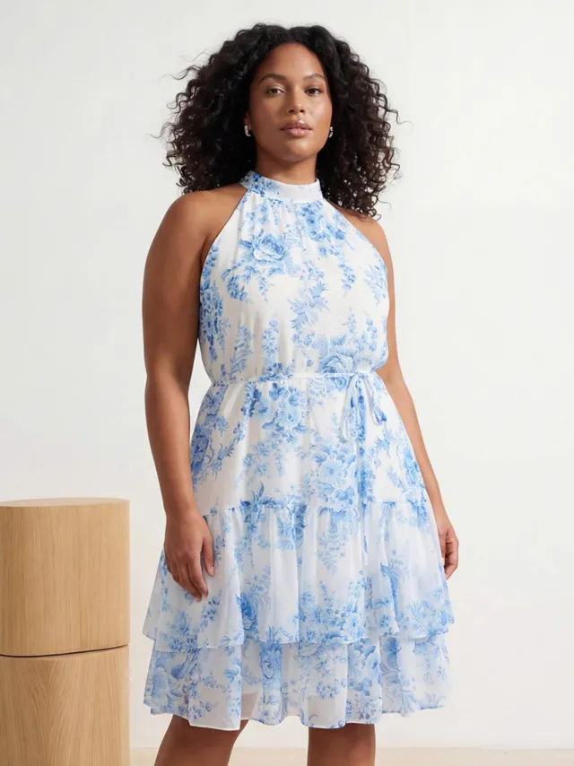Trendyol Curve Dames Ecru Bloemen Kort / Mini Mouwloos Casual A-lijn Grote maten Jurk
