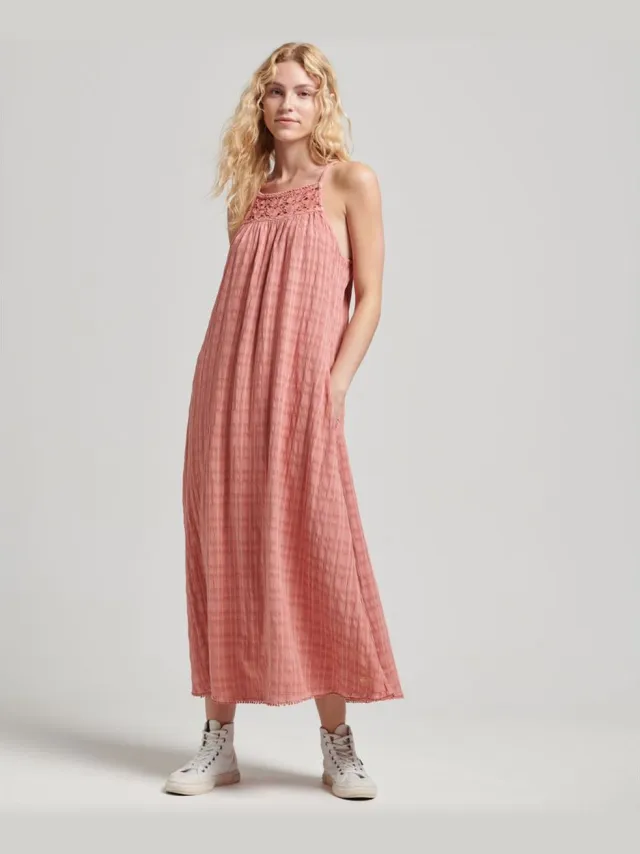 Superdry Jurk Vintage Long Halter Cami Dress W8011411a Desert Sand Pink Dames Maat