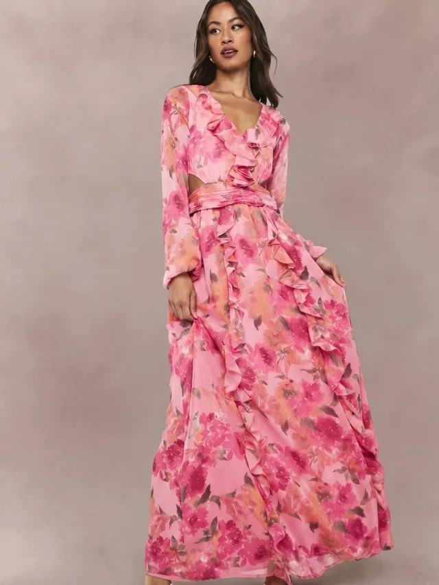 boohoo Dames Lange florale chiffon maxi-jurk met volumineuze mouwen Roze