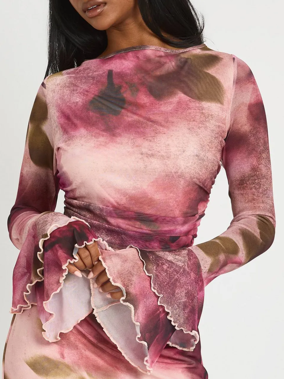 boohoo Dames Mesh Mini Jurk Met Vervaagde Bloemenprint En Uitlopende Mouwen roos, foto 4