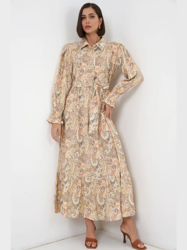 Big Dart Paisley Geknoopte Midi Shirtjurk Geel
