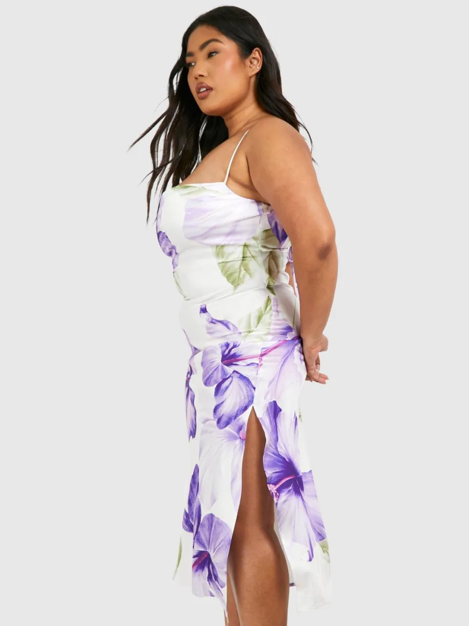 boohoo Dames Plus bedrukte midi slip jurk violet, foto 3