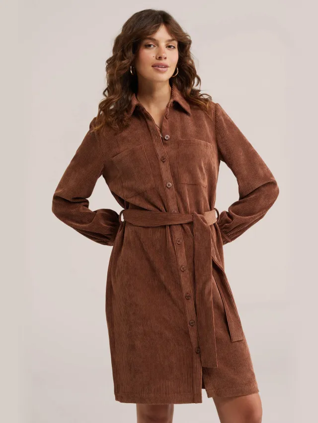 WE Fashion corduroy blousejurk met ceintuur - bruin