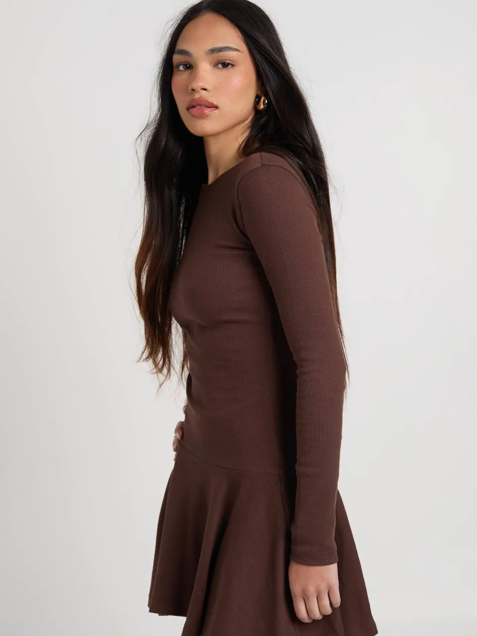 boohoo Dames Geribbelde Skater Jurk met Verlaagde Zoom chocoladebruin, foto 3