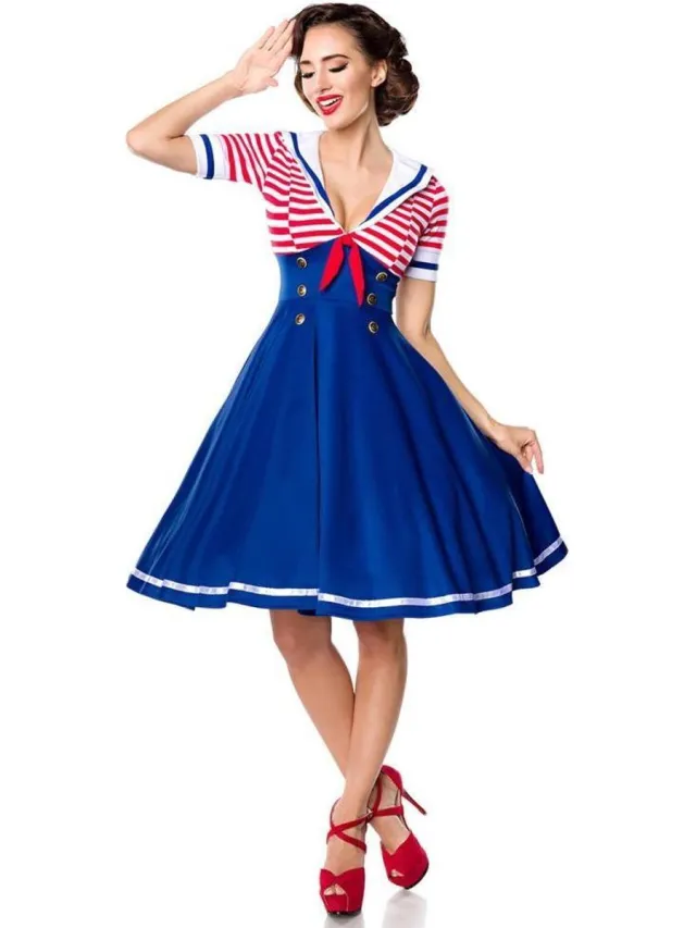 Belsira Navy Style Swing jurk - XS - Blauw/Rood