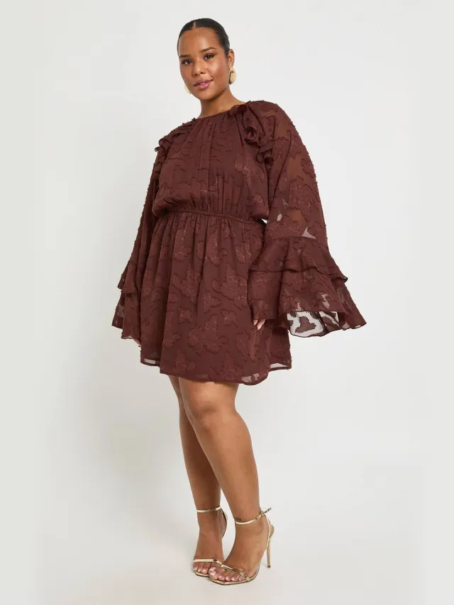 boohoo Dames Plus Burnout Bloemen Ruches Smock Jurk Chocoladebruin
