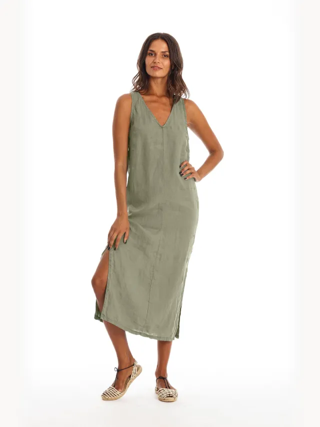RAVENS VIEW IBIZA dames vegan Midi Jurk Winona Kakigroen
