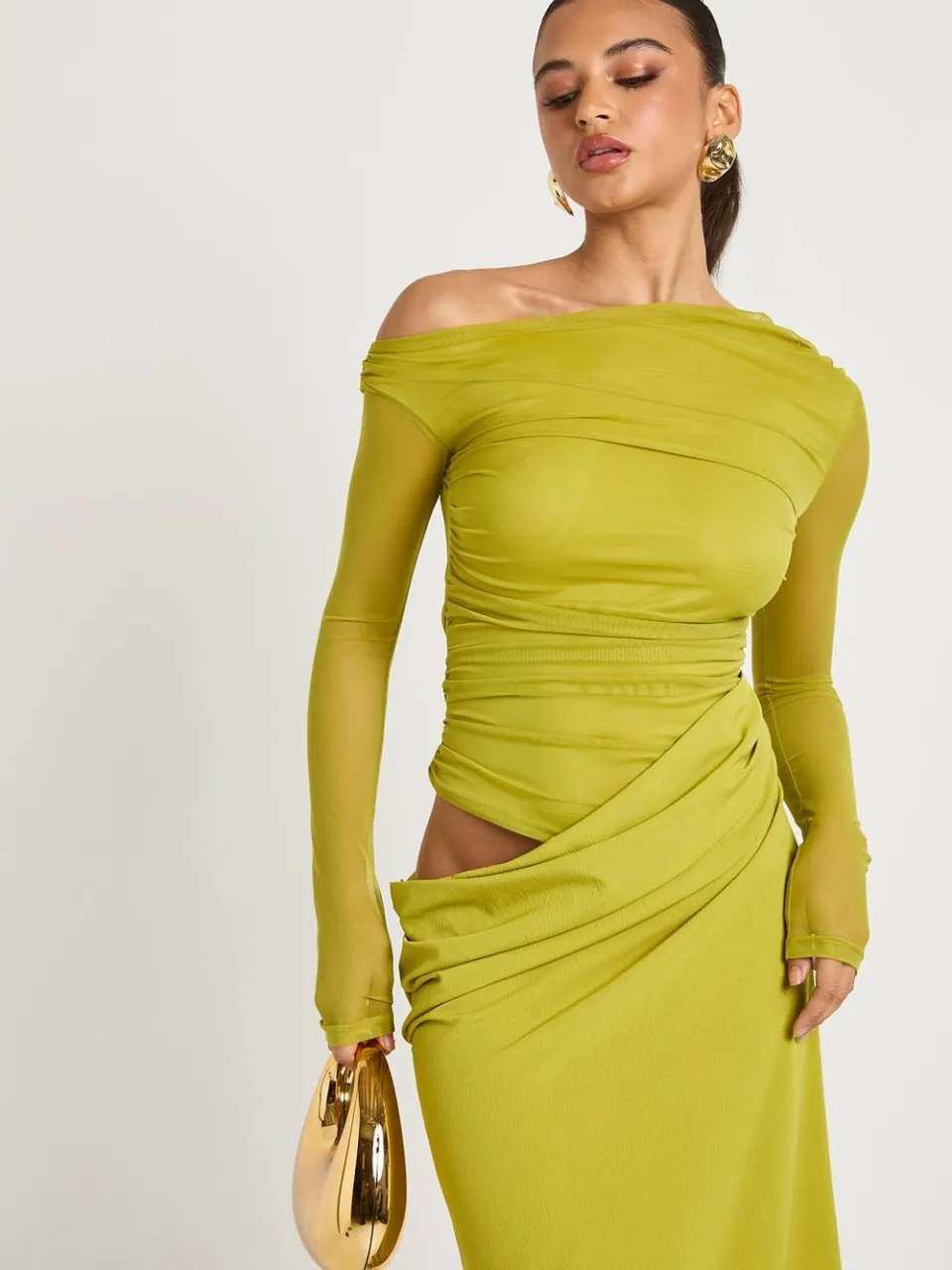 boohoo Dames Mesh Mix Gedrapeerde Midaxi Jurk chartreuse, foto 3