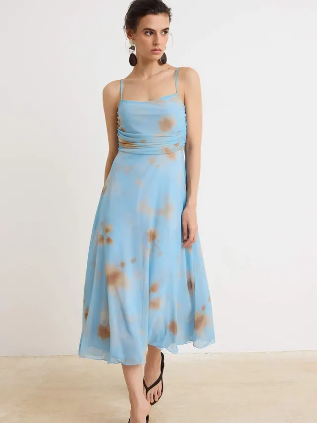 Trendyol TRENDYOLMİLLA Dames Blauw Abstract Midi Mouwloos A-lijn Jurken