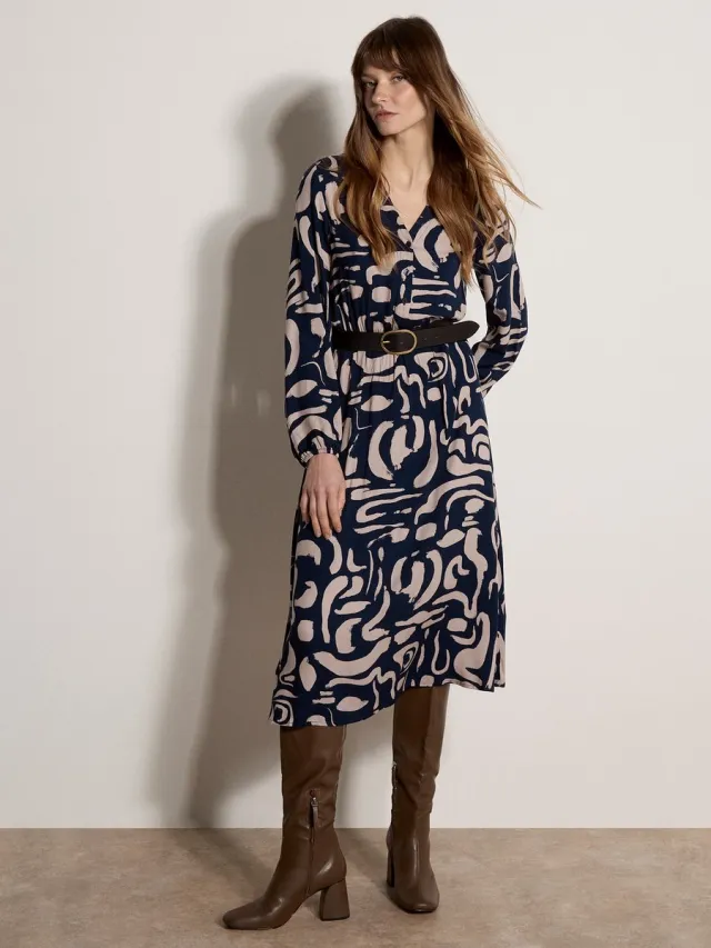 Apricot Midi-jurk met abstracte penseelstreken marine