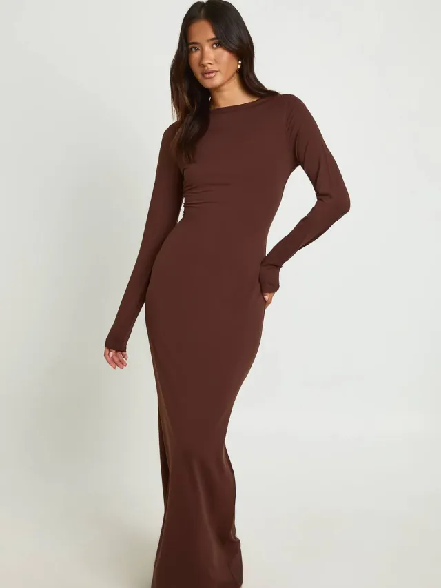 boohoo Dames Basic Superzachte Maxi Jurk Met Lange Mouwen chocoladebruin, foto 2