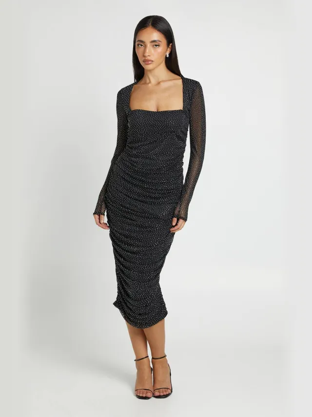boohoo Dames Hotfix Vierkante Hals Mesh Midi Jurk Zwart