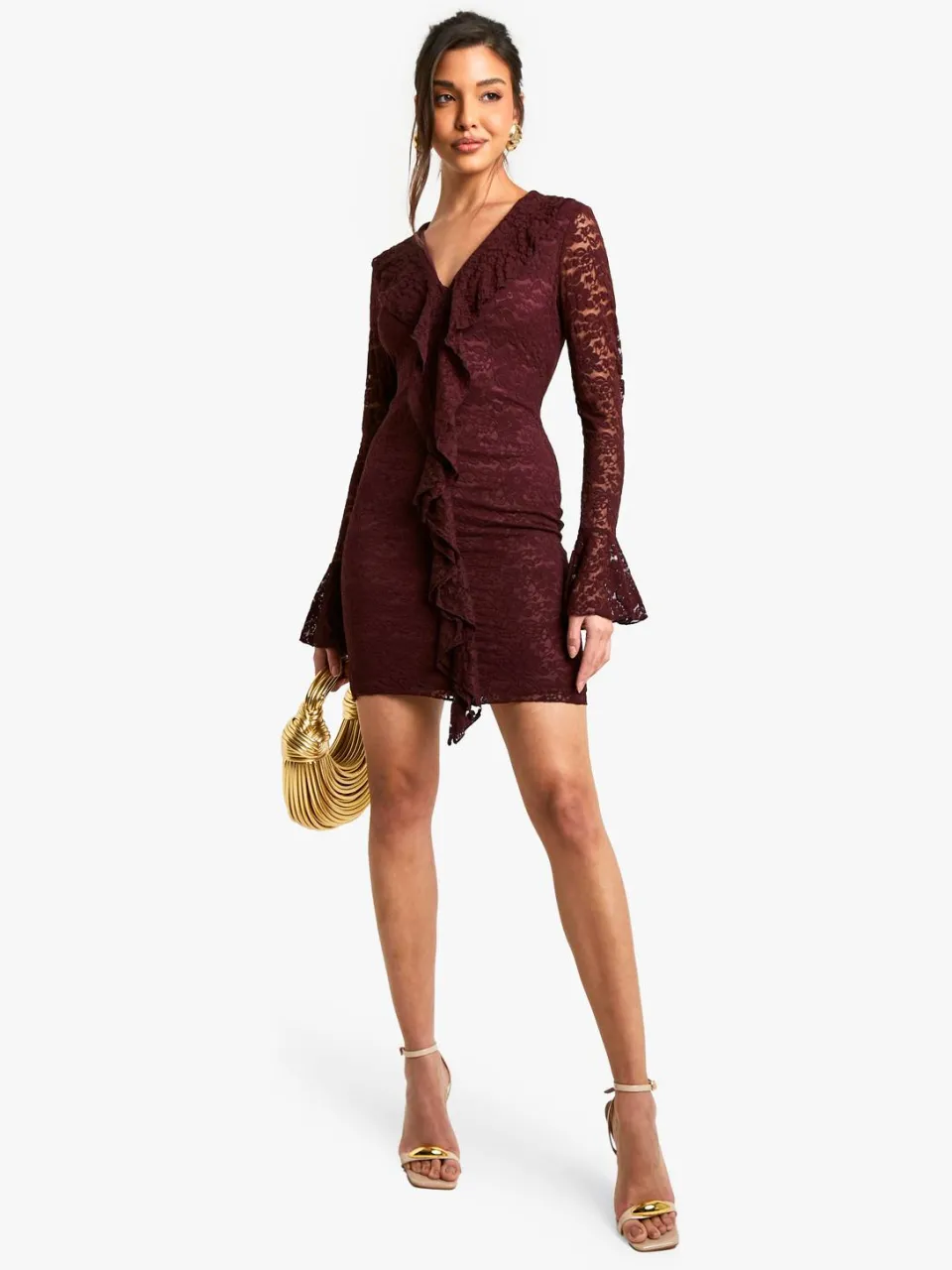 boohoo Dames Lace Ruffle Flare Sleeve Mini Dress pruim, foto 3