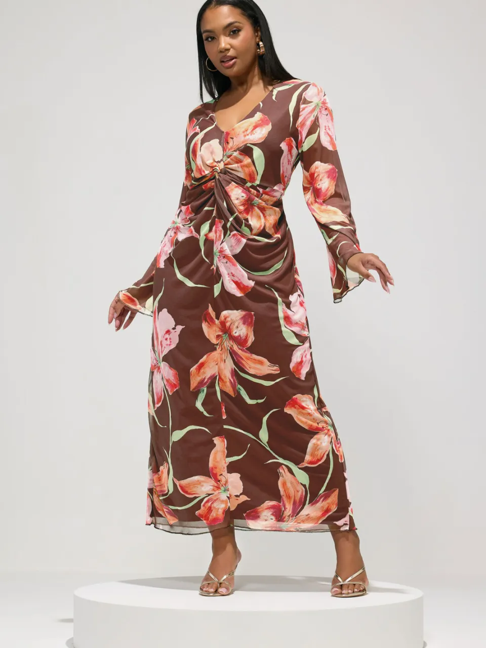 Yours London Bruine Mesh Maxijurk Met Bloemenprint, foto 3