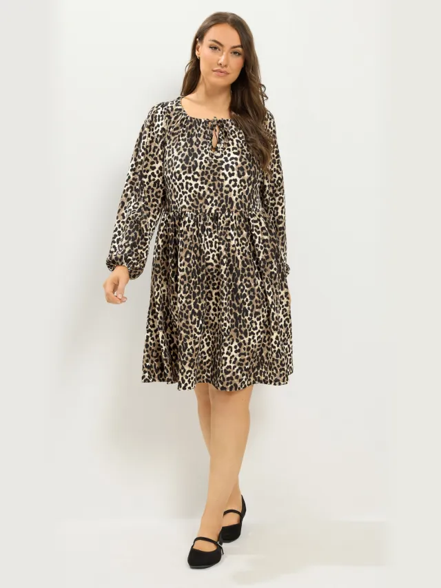 Yours Bruine Jurk Met Luipaardprint En Strikhals Brown