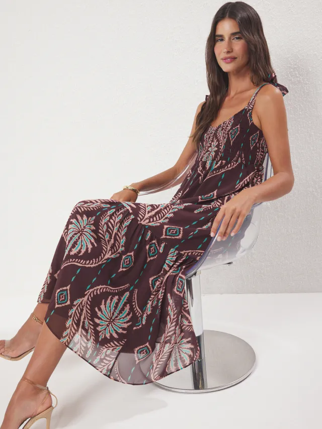 Trendyol TRENDYOLMİLLA Dames Bruin Paisley Maxi Mouwloos Avond / Dagelijks Skater Jurken
