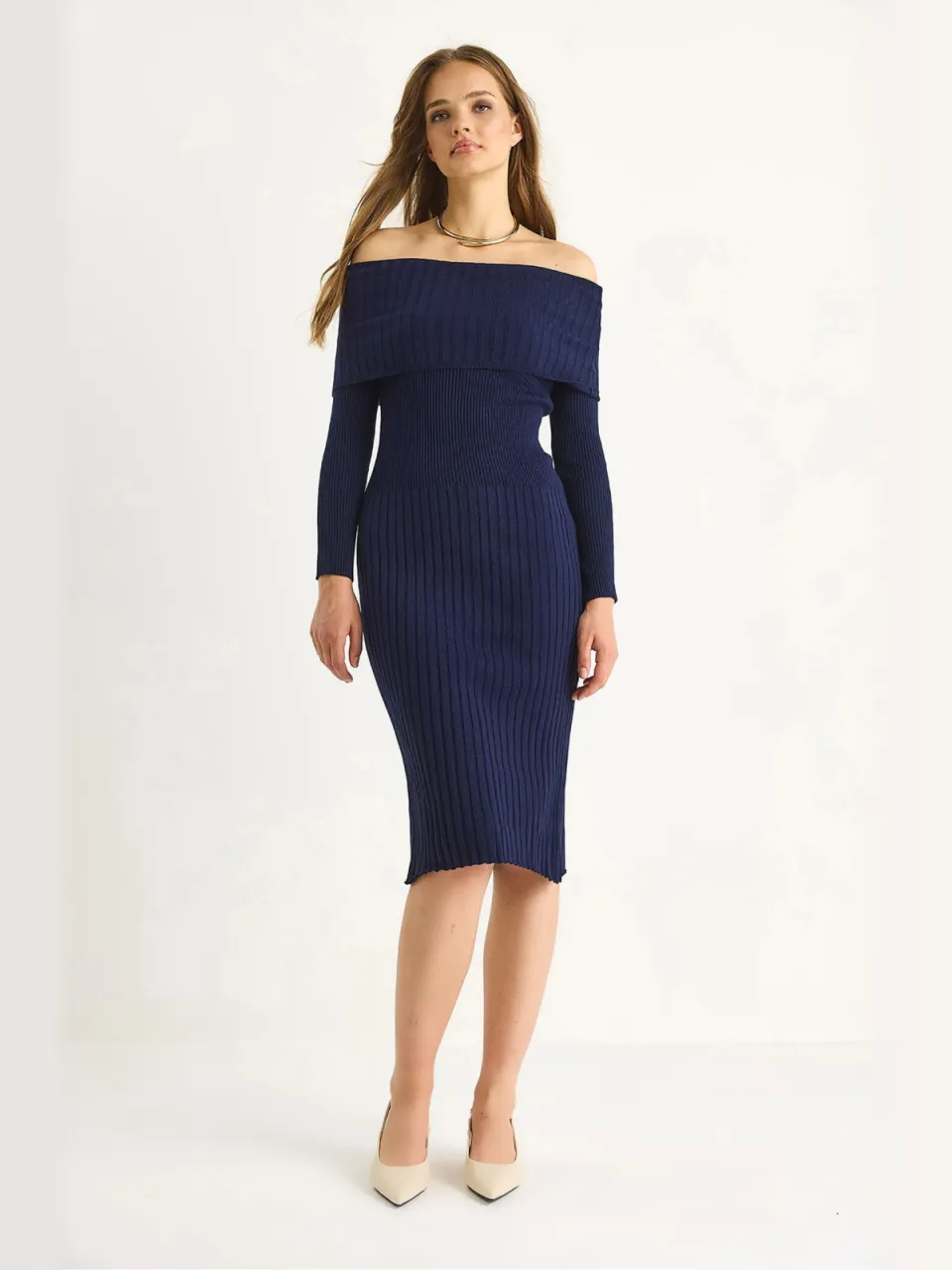Bianco Lucci Geribbelde Midi-jurk Marineblauw