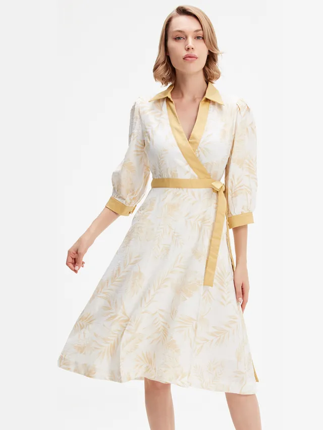 Smart & Joy Bi-material wrap jurk met tropische print Beige