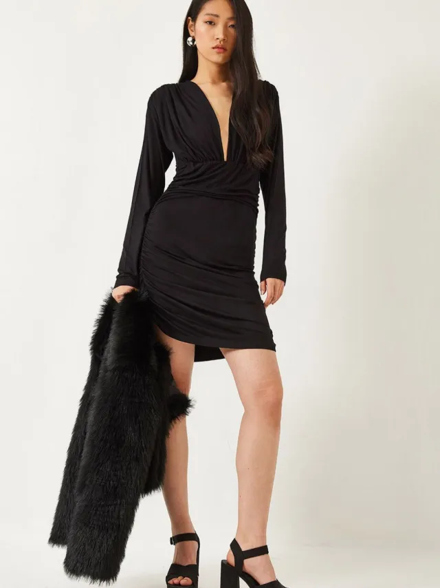 Bianco Lucci Bodycon Mini-jurk met Rimpeldetails en V-hals Zwart