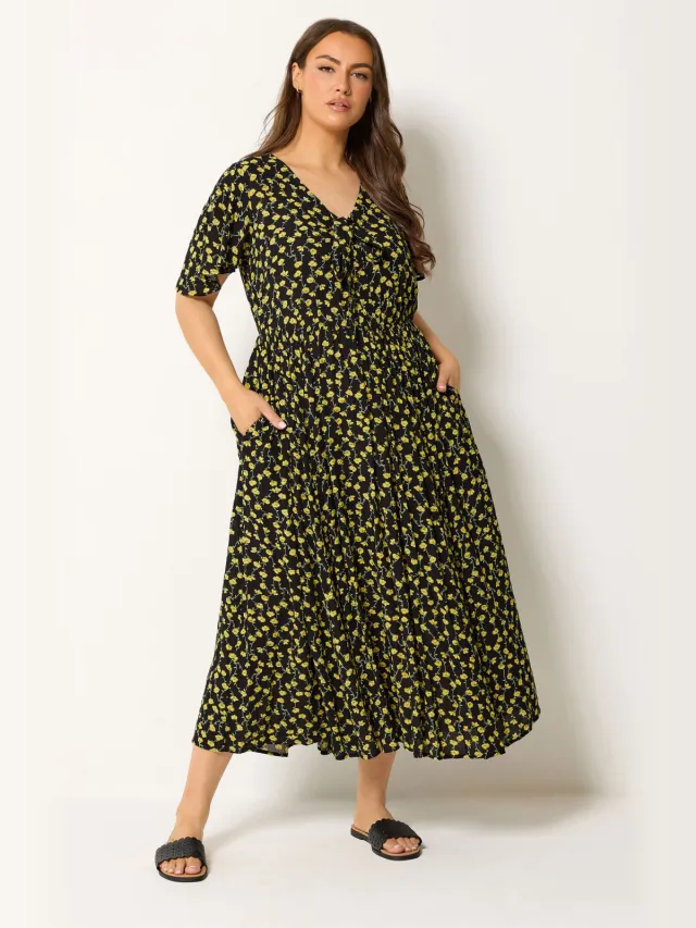 Yours Zwartgele Maxijurk Met Bloemenprint En Gekreukeld Effect-52 Black