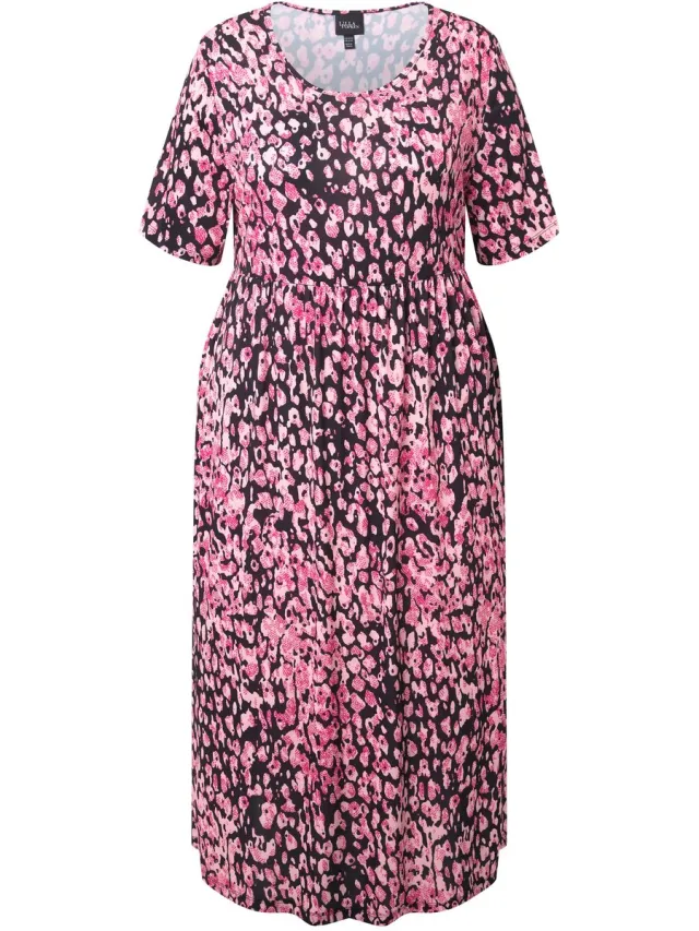 Ulla Popken Dames - Maxi-jurk luipaardmotief A-lijn ronde hals korte mouwen - Roze - Maat 54+