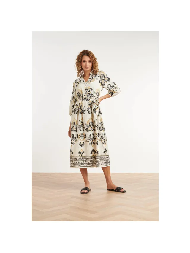 Smashed Lemon Crème midi jurk met ornament print en tailleceintuur Veelkleurig