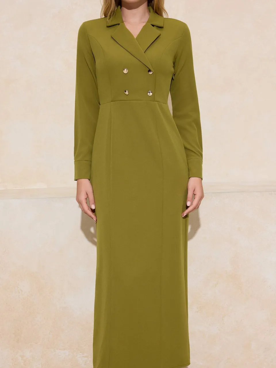 Trendyol Modest Dames Kaki Effen Maxi Driekwart mouw Casual Double-breasted Modest Jurken, foto 2
