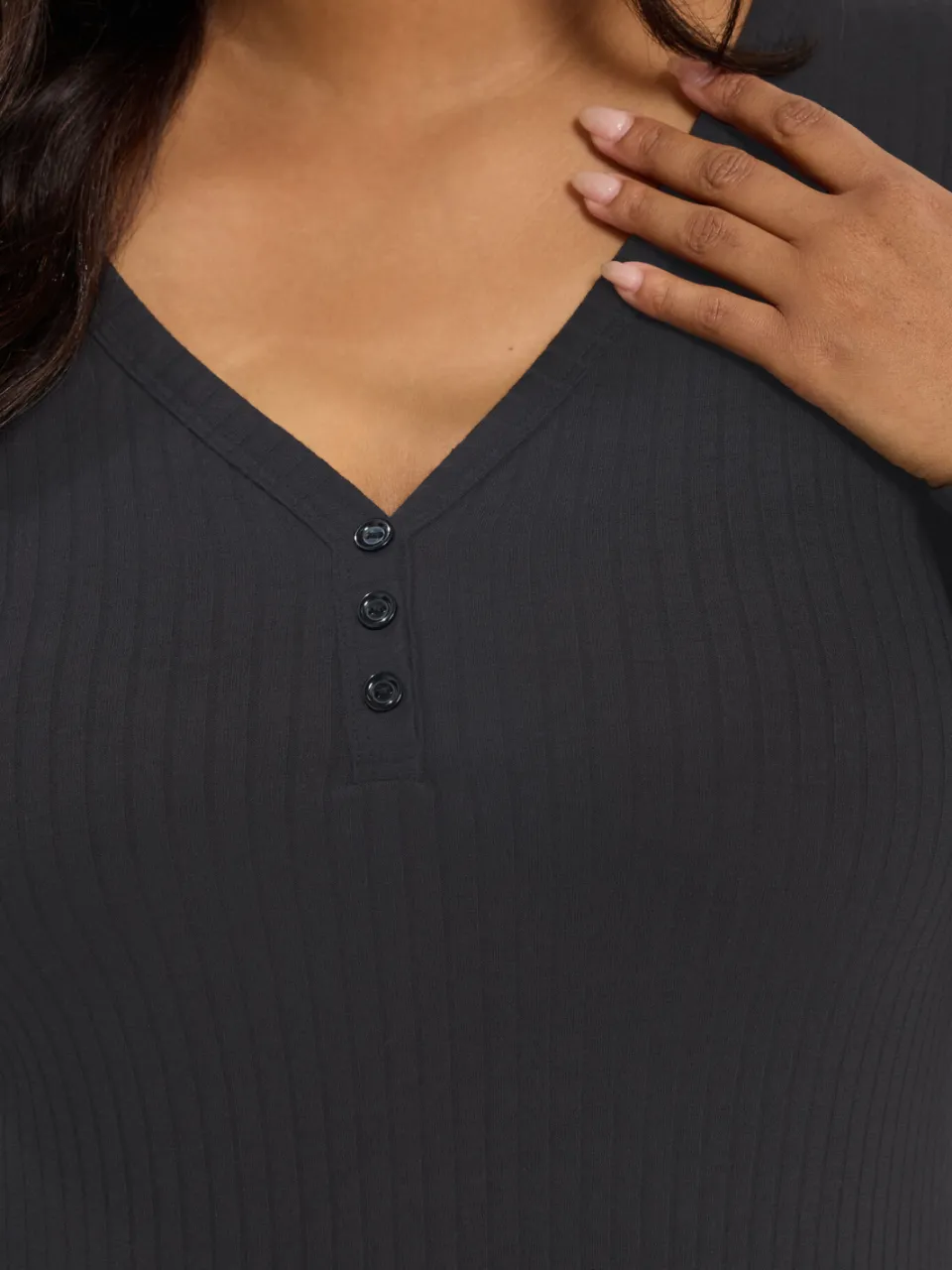 Yours Zwarte Geribbelde Henley Jurk, foto 5