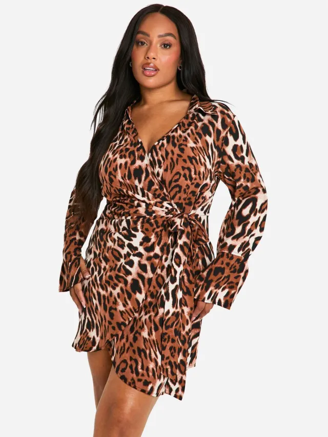 boohoo Dames Plus Luipaardprint Wrap Shirtjurk