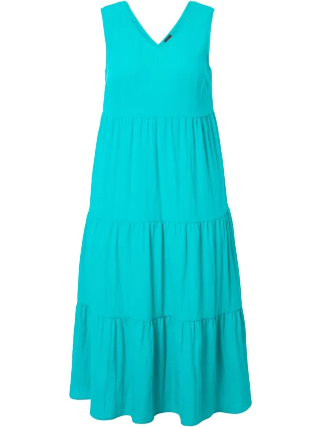 Ulla Popken Dames - Maxi-jurk met laagjes A-lijn V-hals mouwloos - Turkoois