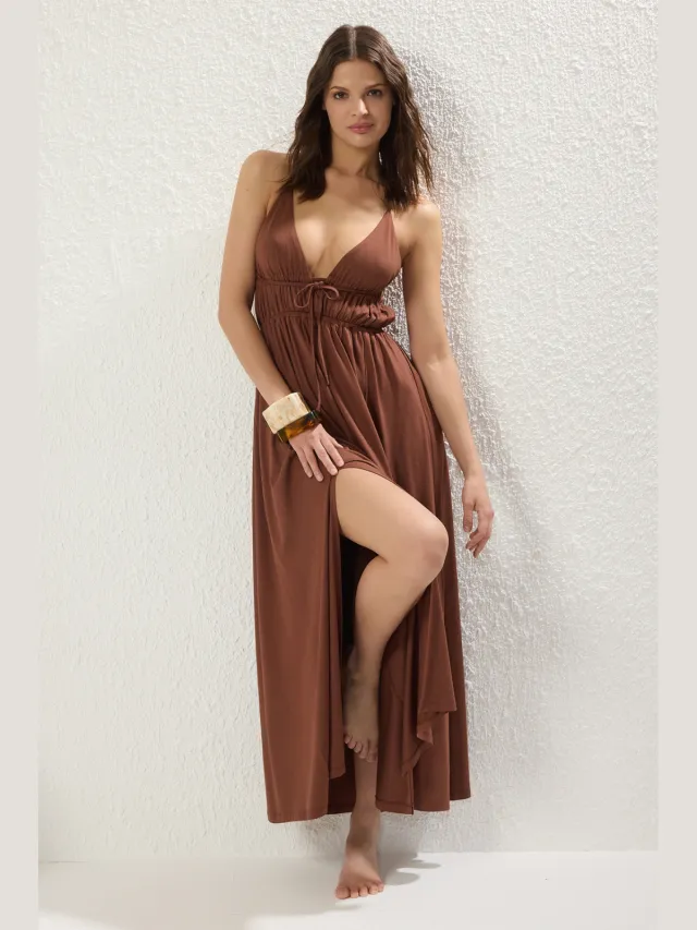 Trendyol TRENDYOLMİLLA Dames Bruin Effen Maxi Mouwloos Strandkleding A-lijn Strandjurken
