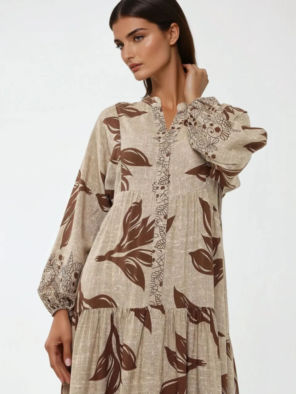 Hiccup Gedrukte Lange Mouwen Viscose Maxi Jurk bruin, foto 2