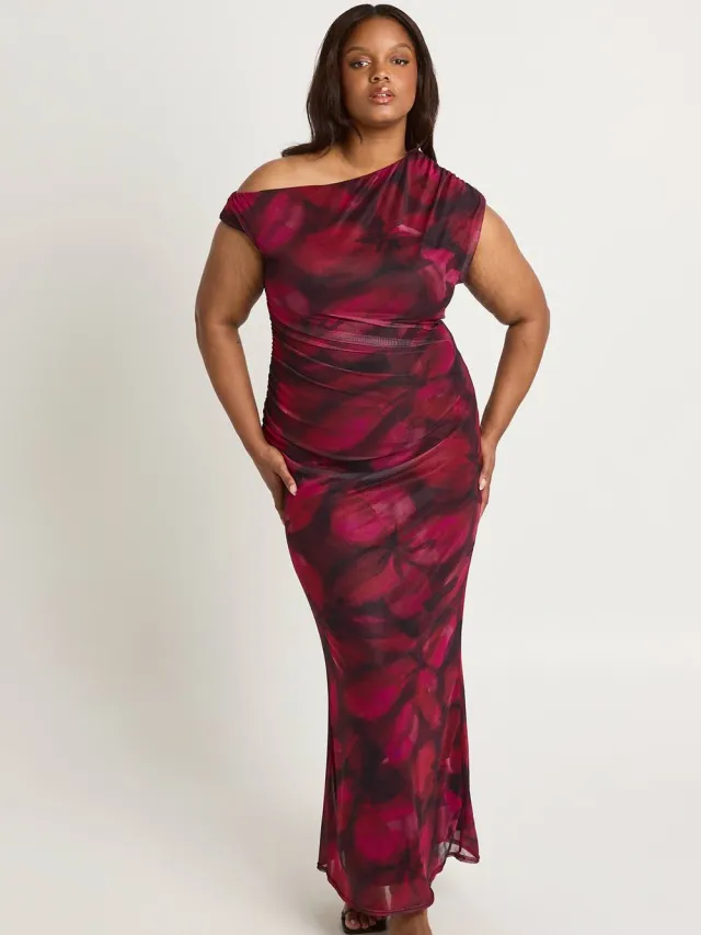 boohoo Dames Plus Bloemen Mesh Asymmetrische Maxi Jurk Magenta