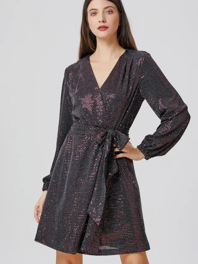 Smart & Joy Glitterjurk met wikkeleffect Bruin