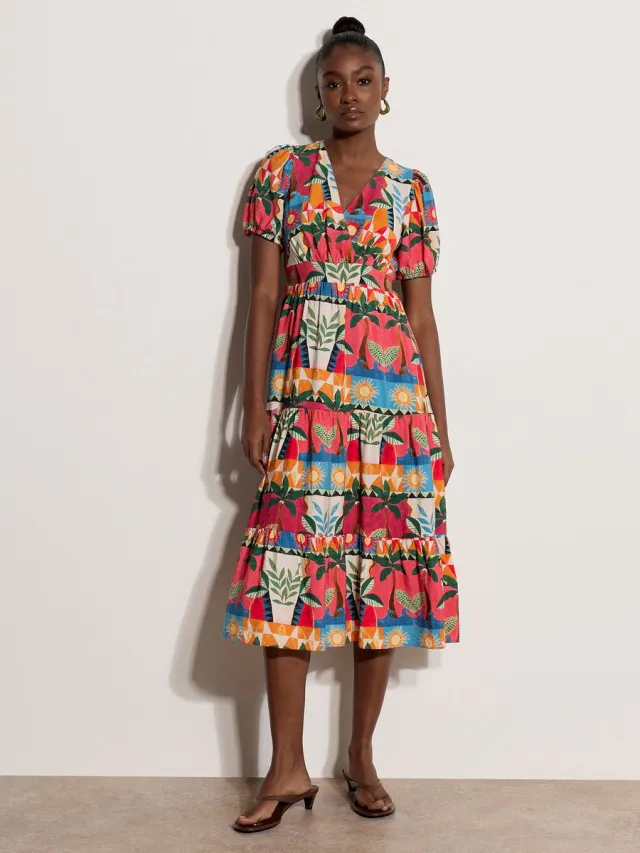 Apricot Midi-jurk met tropische print en lagen Veelkleurig