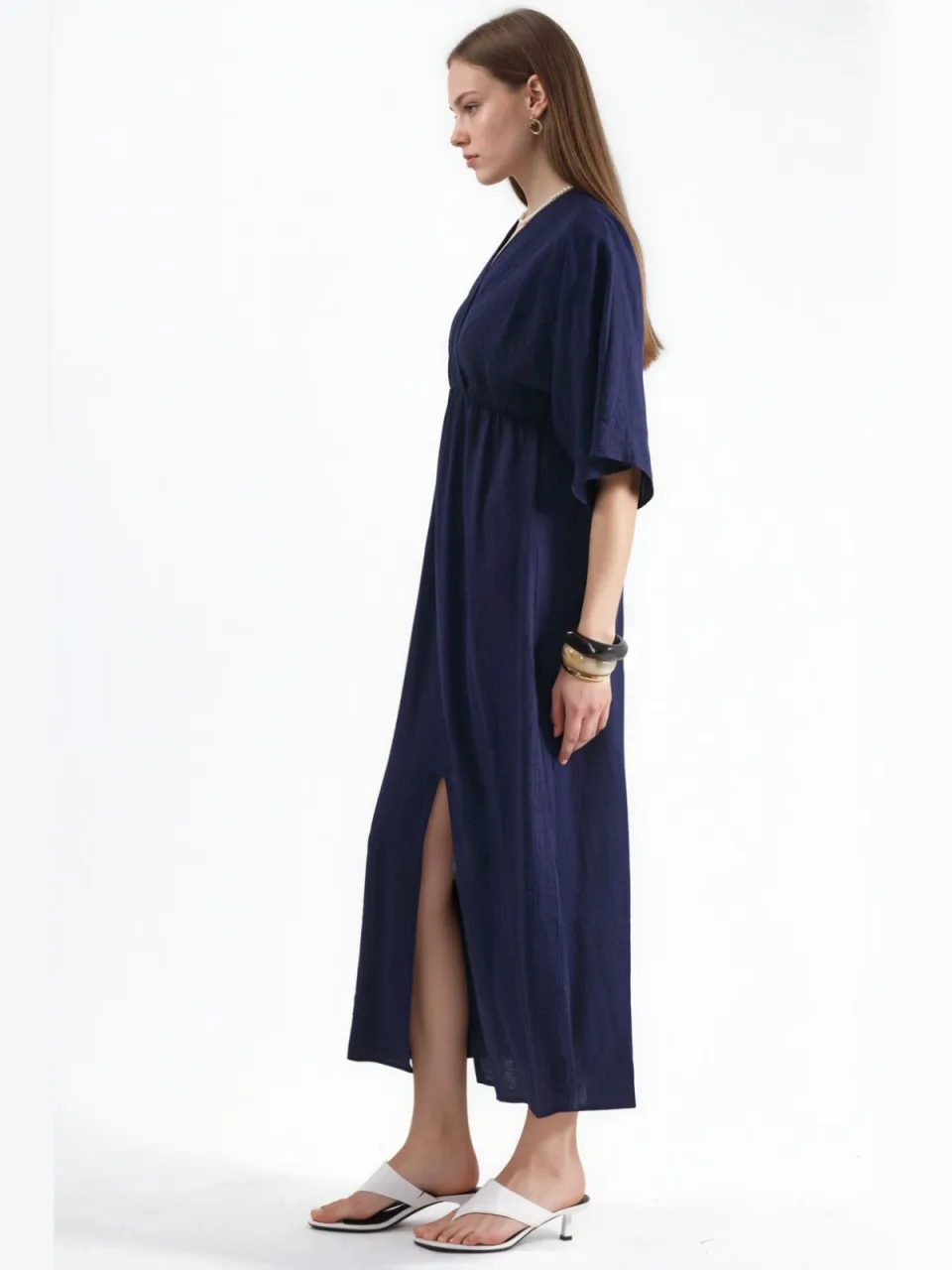 Busem V-hals Midi Wikkeljurk met Driekwart Mouwen marineblauw, foto 2