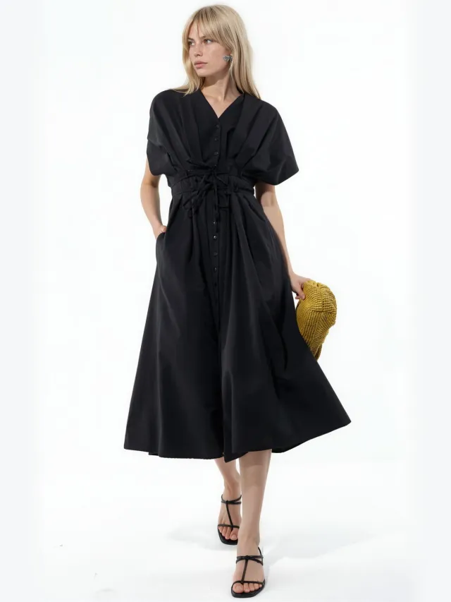 Busem Casual V-hals Midi Shirtjurk Zwart