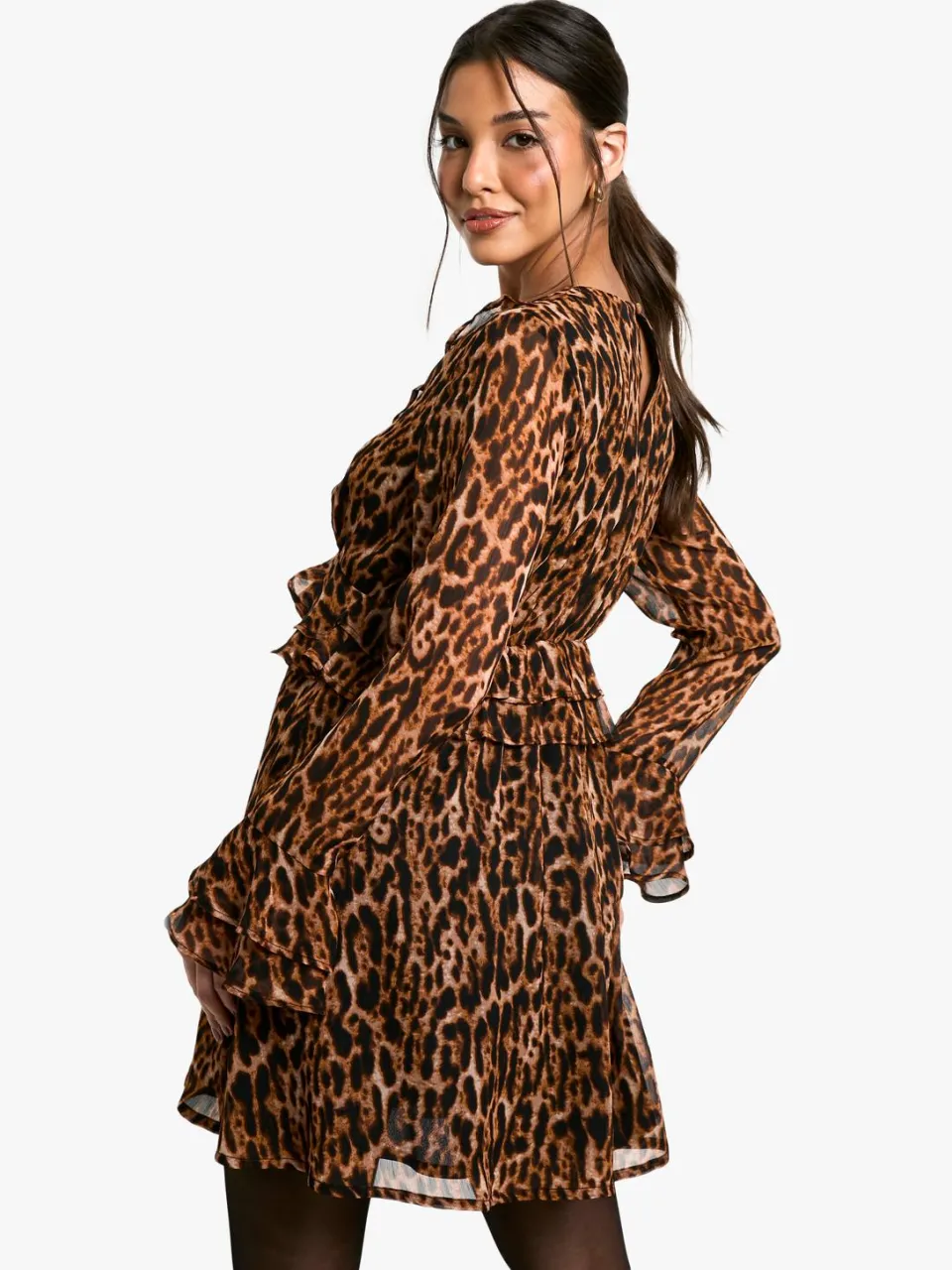 boohoo Dames Leopard Pof Mouw Mini Jurk bruin, foto 2