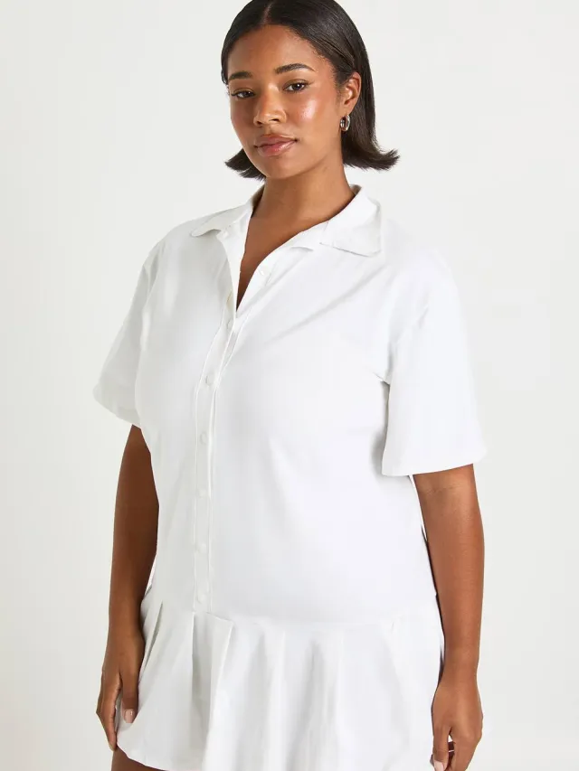 boohoo Dames Plus geplooide zoom skater-overhemdjurk Wit