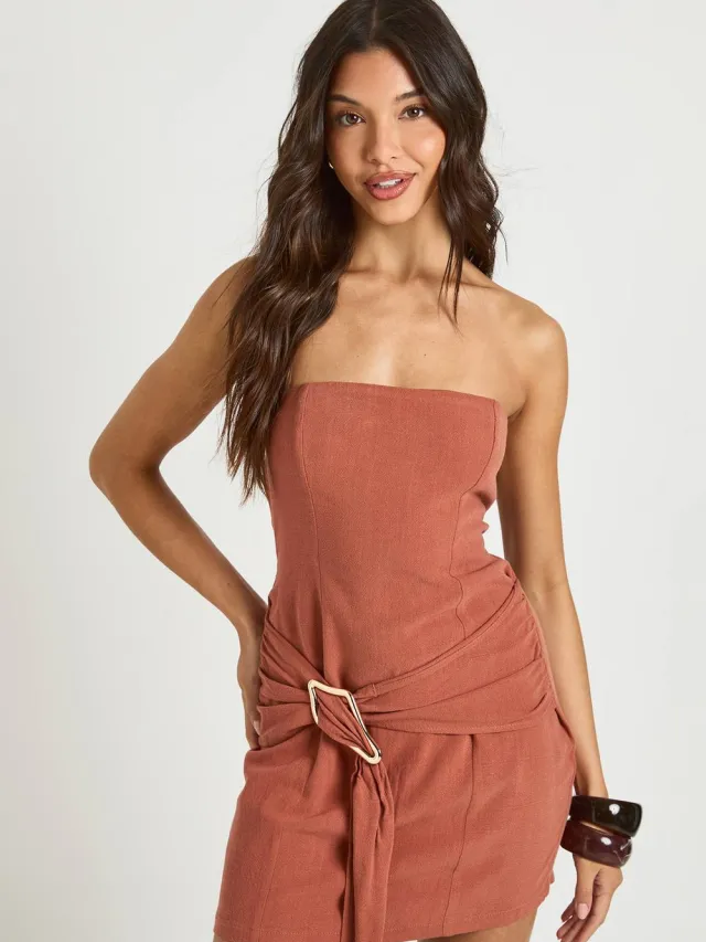 boohoo Dames Linnen-look Bandeau Mini Jurk Met Gouden Details Spice