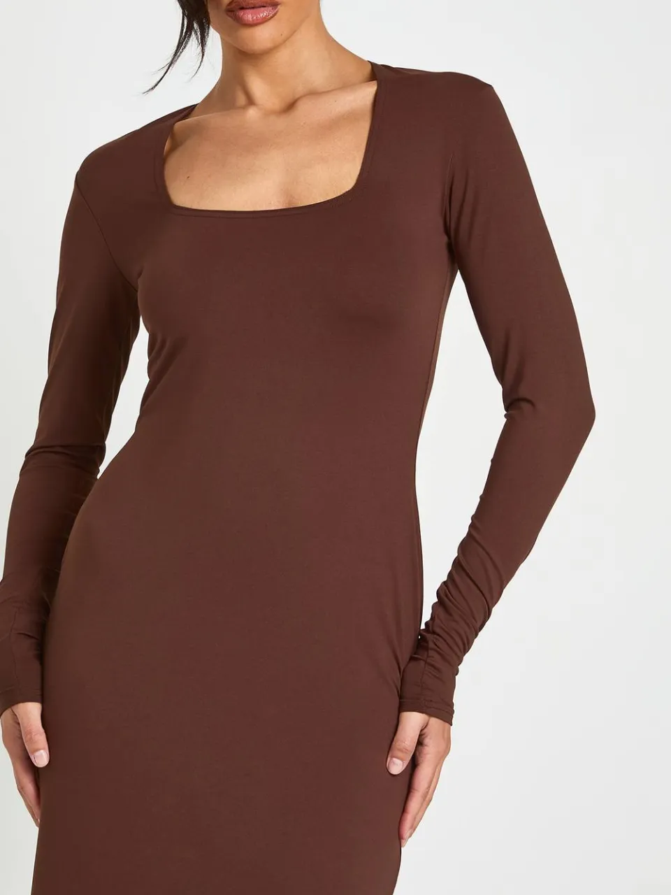 boohoo Dames Basic Supersoft Vierkante Hals Lange Mouw Maxi Jurk chocoladebruin, foto 4