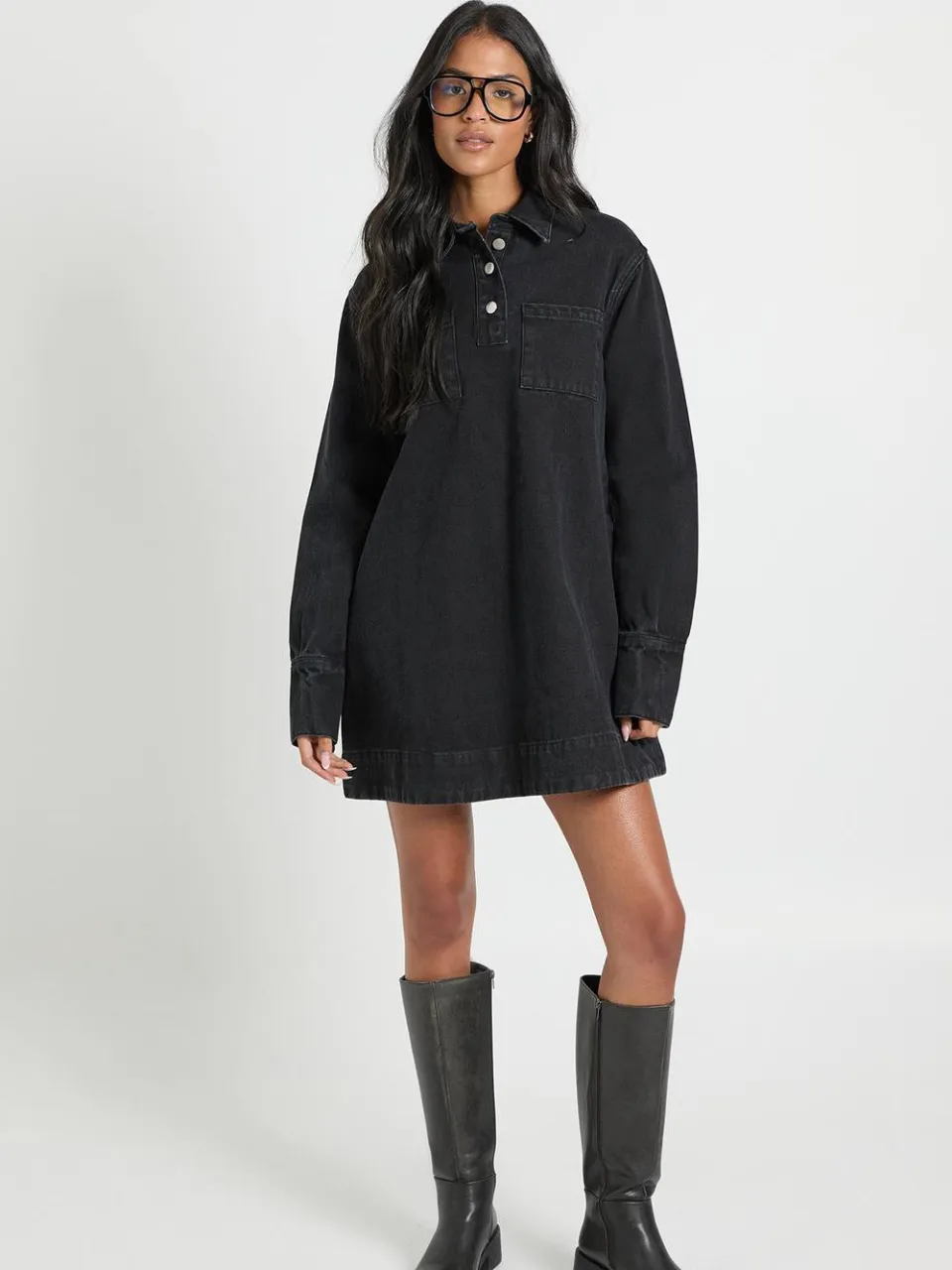boohoo Dames Hoge denim jurk met lange mouwen, foto 3