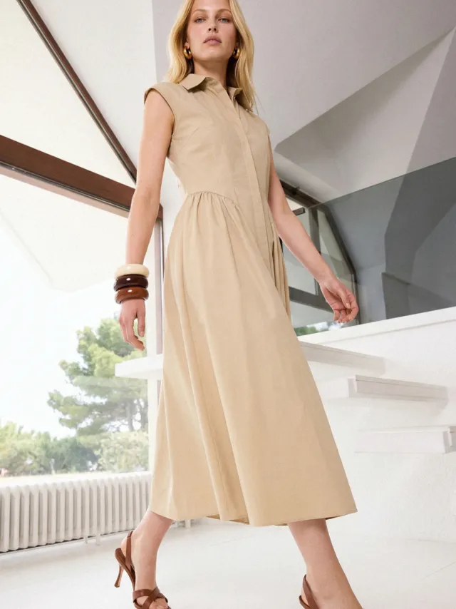 Trendyol TRENDYOLMİLLA Dames Beige Effen Midi Mouwloos Skater Jurken